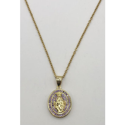 Our Lady of Grace Gold Plated Oval Necklace with Crystal, Lavender
