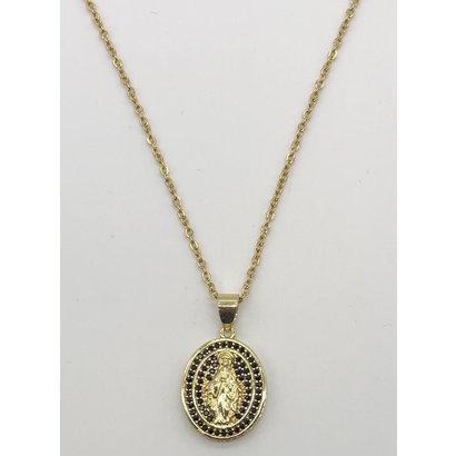 Our Lady of Grace Gold Plated Oval Necklace with Crystal, Black