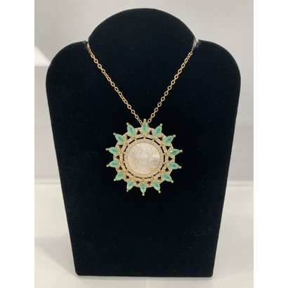 Our Lady of Guadalupe Mother of Pearl Ornate Pendant Surrounded By Green Rhinestones On Gold Plated Chain