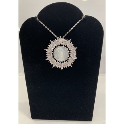 Our Lady of Guadalupe Mother of Pearl Ornate Pendant Surrounded By Pink Rhinestones On Silver Plated Chain
