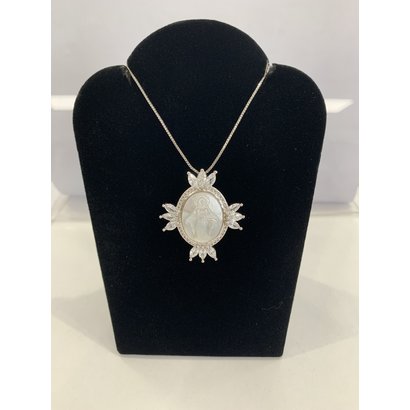 Our Lady Of Grace Mother Of Pearl Ornate With Rhinestones on Silver Plated chain