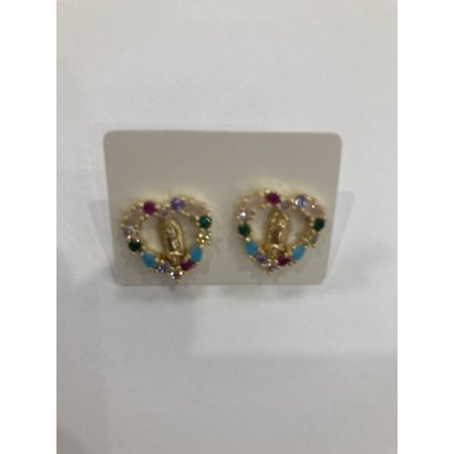 Our Lady of Guadalupe Earrings with Heart & Colored Stones-Round