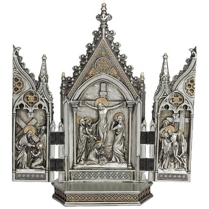 Calvary Triplych, pewter style w/gold trim 7.25x8"