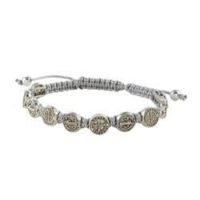 St. Benedict Medal Grey Slip Knot Cord Adjustable Bracelet