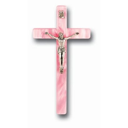 Pink Pearlized Baby Crucifix 7"