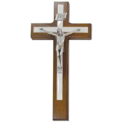 Walnut 10" Crucifix , Antique Pewter Corpus, White Pearlized Epoxy
