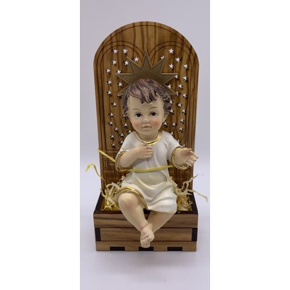 4"Baby Jesus Seated on 5.75" Olive Wood Backdrop/Chair