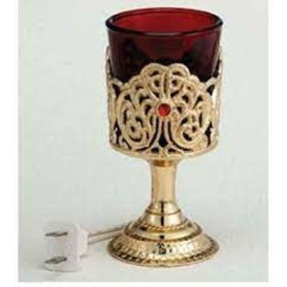 Electric Votive Stand - 4 Inch Gold Plated Metal with Ruby Glass
