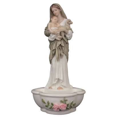 L'Innocence holy water font in full hand-painted color, stands or hangs, 7.5inches.
