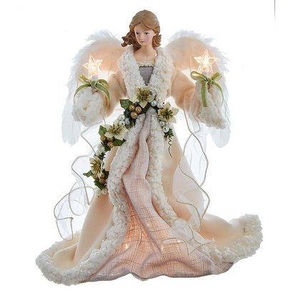 16" Ivory/ Gray Angel Tree Topper, Lighted