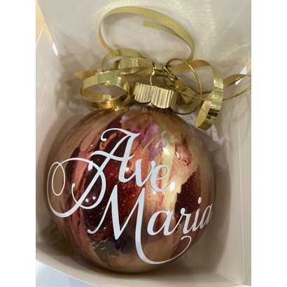 4" Round Glass Ornament Hand Painted Red/Gold With Ave Maria, Made in USA