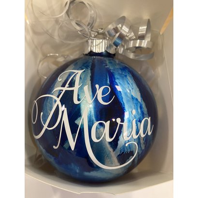 2.6" Round Glass Hand Painted Blue/Silver With Ave Maria, Made in USA