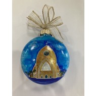 4" Flat Glass Gold & Blue Ornament,  Hand Painted With Image  of  Ave Maria Church, Made in USA