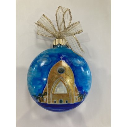 4" Flat Glass Gold & Blue Ornament, Hand Painted With Image of Ave Maria Church, Made in USA