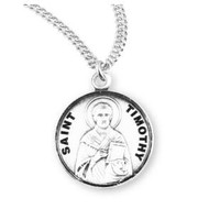 Patron St. Timothy Round sterling silver medal 20" Genuine rhodium plated curb chain.