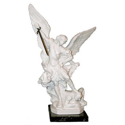 A St. Michael statue in white alabaster on a marble base, 9.5".