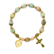 Amazonite Antique Gold Rosary Stretch Bracelet,  with Gold Plated Pewter  Holy Spirit Medal