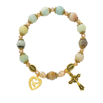 Amazonite Antique Gold Rosary Stretch Bracelet, with Gold Plated Pewter Holy Spirit Medal