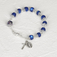 Dark Blue Double Capped Cats Eye Bead with Painted Rose Our Father Bead  With Miraculous Medal and Crucifix