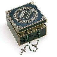 Dark Green Irish Keepsake Box and Rosary Set 2.25"H,