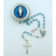Blue & Silver Miraculous Medal Rosary Box  2" Diameter with Blue  Glass Bead Rosary.  Made in Italy