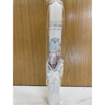 Baptism 12" Candle Silver Embellishments w/ Baby getting baptized print