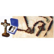 St. Benedict Rosary Olive Wood & Small Crucifix with Base in a Blue Box, Made in Italy