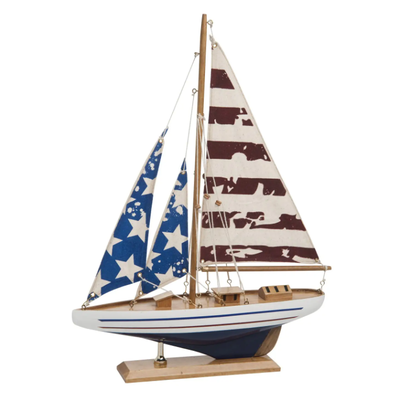 American Flag Sailboat, Made of Wood with Cloth Sails, 11.75"x2.5"x16.5"