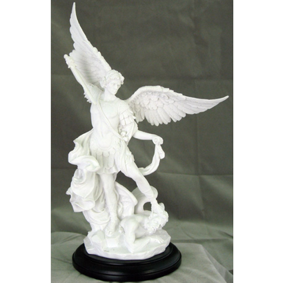 A St. Michael Veronese statue in white on a black wood base, 10.75inches tall.