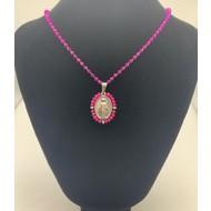 Miraculous Medal Silver Plated Surrounded By Pink Beads on a Delicate Beaded Chain