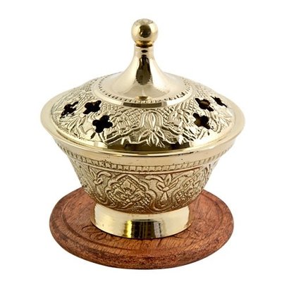 Brass Carved Screen Charcoal Burner with Lid-3.5"H