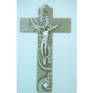 Murano Glass Crucifix 9", Beige with White Swirls, Made in Italy