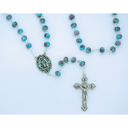 Miraculous Medal Aqua Blue Glass Rosary with Rose, Made in Italy