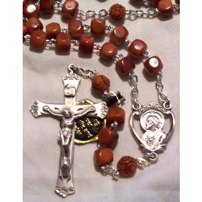Brown 8mm Cube Cocoa Bead Rosary w/Sterling Silver Ctr & CFX