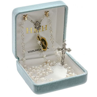 White Freshwater 4mm Pearl Rosary w/Sterling Silver Ctr & CFX