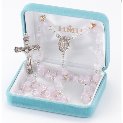Rose Opal Finest Austrian 6mm Crystal Rosary w/Sterling Silver CRT & CFX