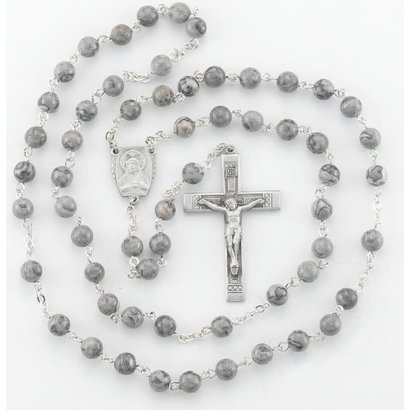 Genuine Lime Line Gemstone 6mm Bead New England pewter Rosary with Center and Crucifix