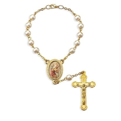 6mm Pearl with Imitation Gold Saint Christopher Auto Rosary Bead