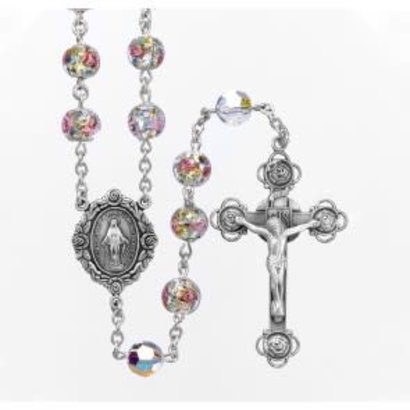 8  mm Murano  Flower Venetian Glass with Finest Crystal Sterling Silver Rosary, Made in USA