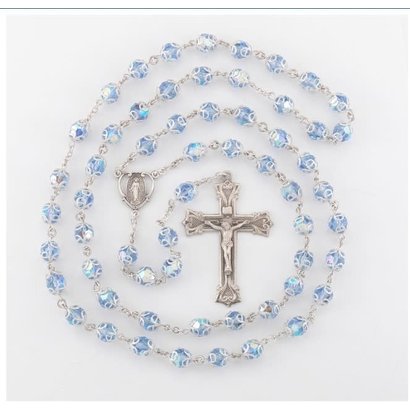 8mm Light Saphire Finest Crystal Double Capped Bead Sterling Silver Rosary