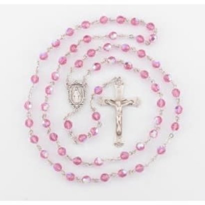 6mm Finest Pink (AB) Rosary w/Sterling Silver Ctr & Cfx