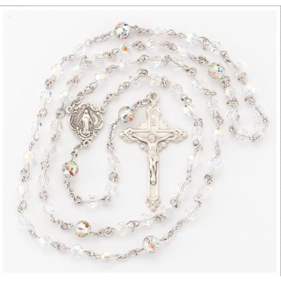 Australian 5mm Crystal Bead Rosary w/6mm Embedded Flower Murano Glass O.F. Bead