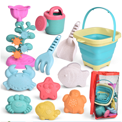 12Pcs - Beach Sand Toys Set with Foldable Beach Bucket