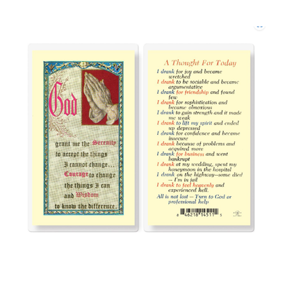 A Thought for Today Alcoholics Laminated Holy Card Printed in Italy