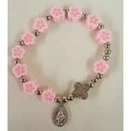 An Elastic Pink Flower Decade Rosary Bracelet with Miraculous Medal and Cross