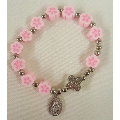 An Elastic Pink Flower Decade Rosary Bracelet with Miraculous Medal and Cross