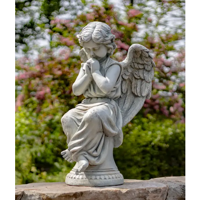 28" Tall Magnesium Angel Statue Sitting and Praying in Antique White