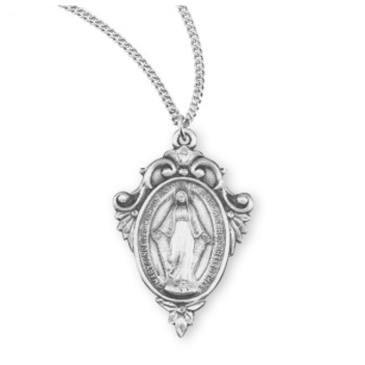 Miraculous Medal, 1-3/16" xx 13/16" Sterling Silver Fancy Pendant with Pierced Scroll on an 18" Chain