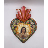 Mexican Painted Wood Heart 9.5 In Rosa Mystica