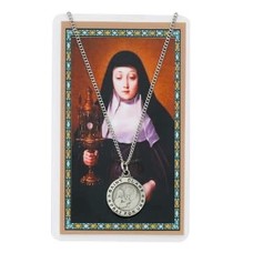 St. Clare Laminated Prayer Card with Pewter Medal, includes 24" Chain